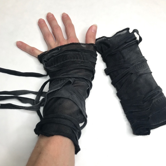 Hand Crafted Accessories - Mummy Gloves Black Hand Warmers Halloween Costume Zombie Arm Cuffs Gray Cut Out